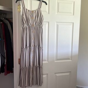 Detailed burgundy and white maxi dress with brown buttons